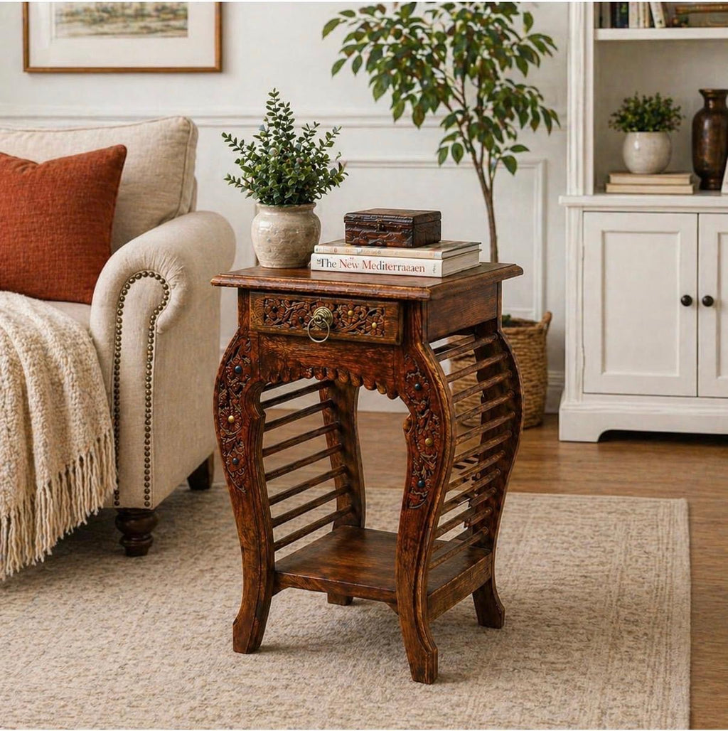 Handcrafted Mango Wood Side Table - Natural Finish