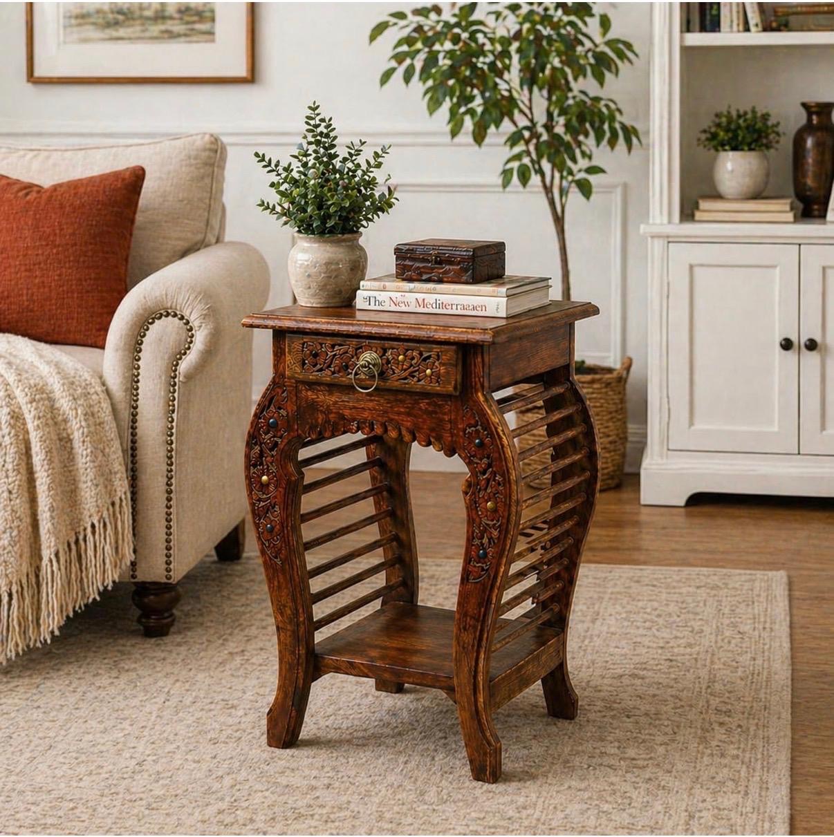 Handcrafted Mango Wood Side Table - Natural Finish