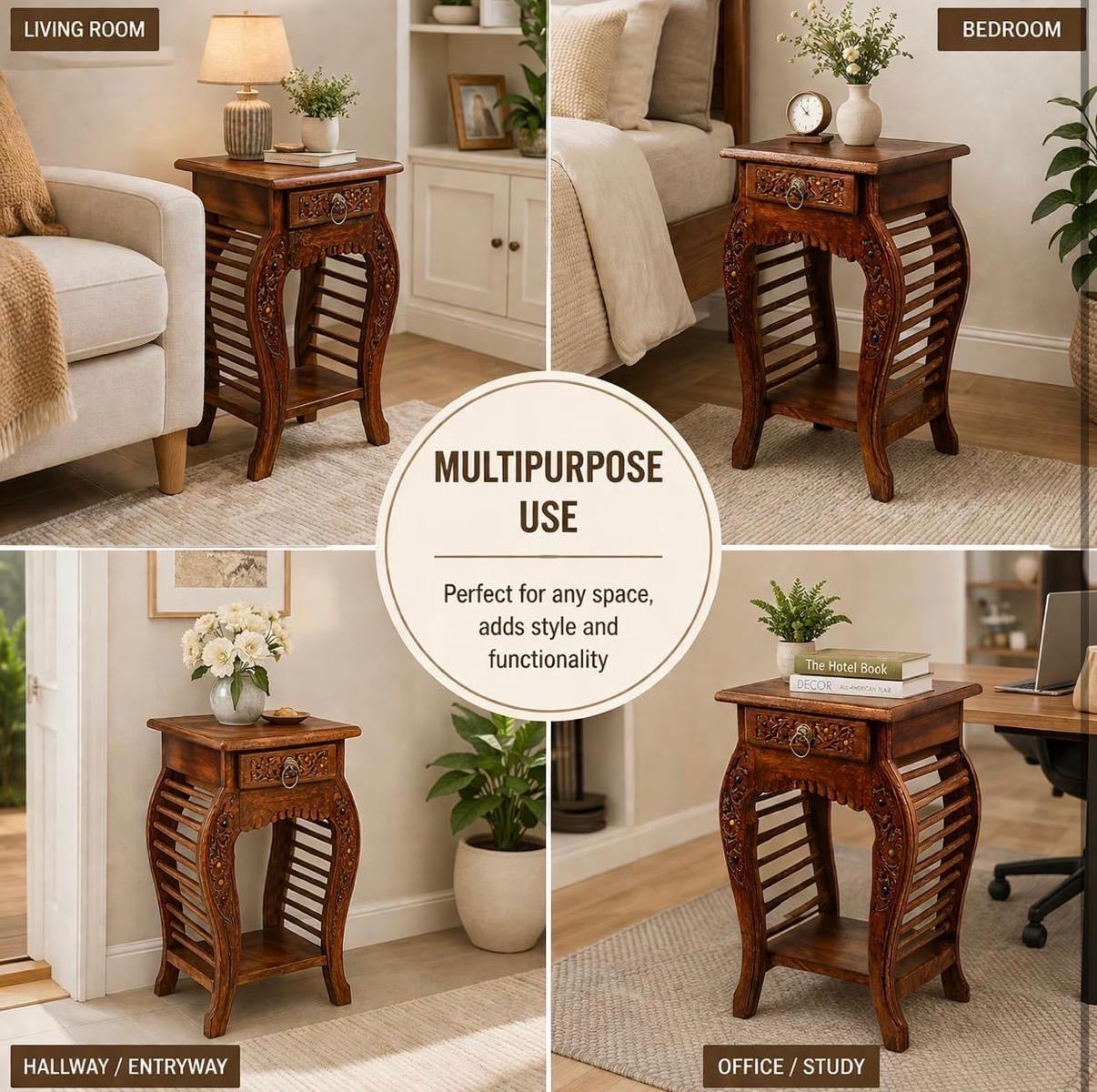 Handcrafted Mango Wood Side Table - Natural Finish
