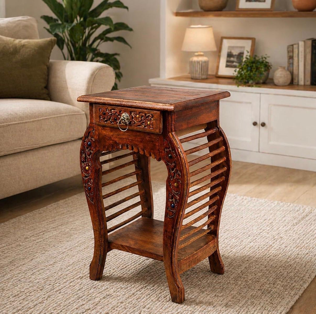 Handcrafted Mango Wood Side Table - Natural Finish