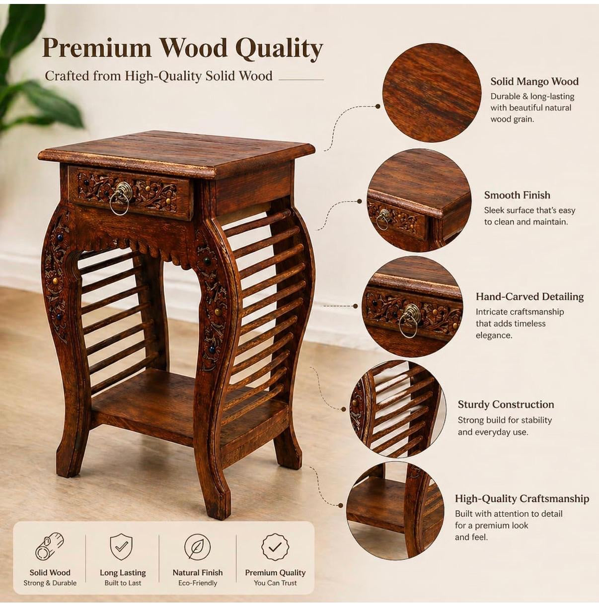 Handcrafted Mango Wood Side Table - Natural Finish